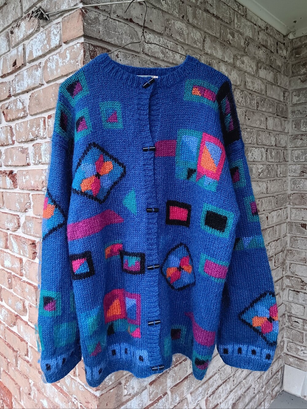 Vintage 80s L.L.Bean Mohair Cardigan Abstract Geometric Rainbow Art Sweater